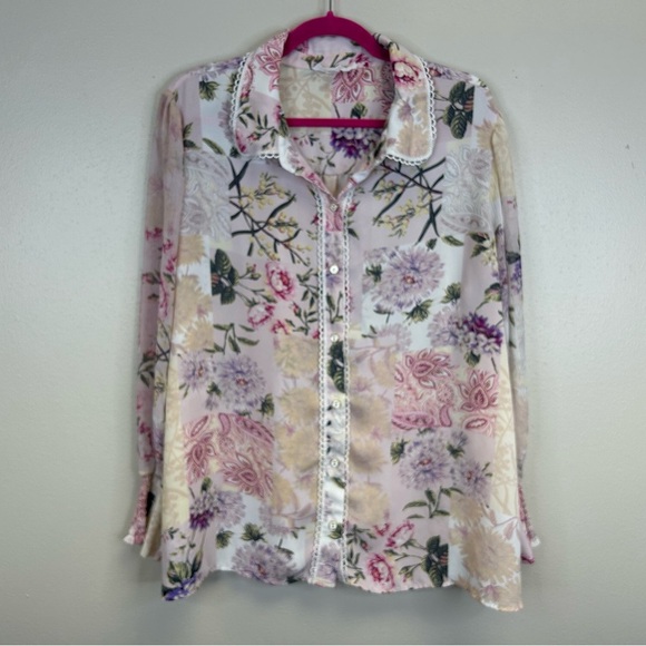Cynthia Rowley Tops - Cynthia Rowley 1X Floral Button-Up Blouse Pink Lilac Coquette Twee Vintage